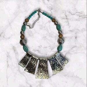 Vintage VCLM Modernist Silver Tone Metal Faux Turquoise Statement Necklace16-20"